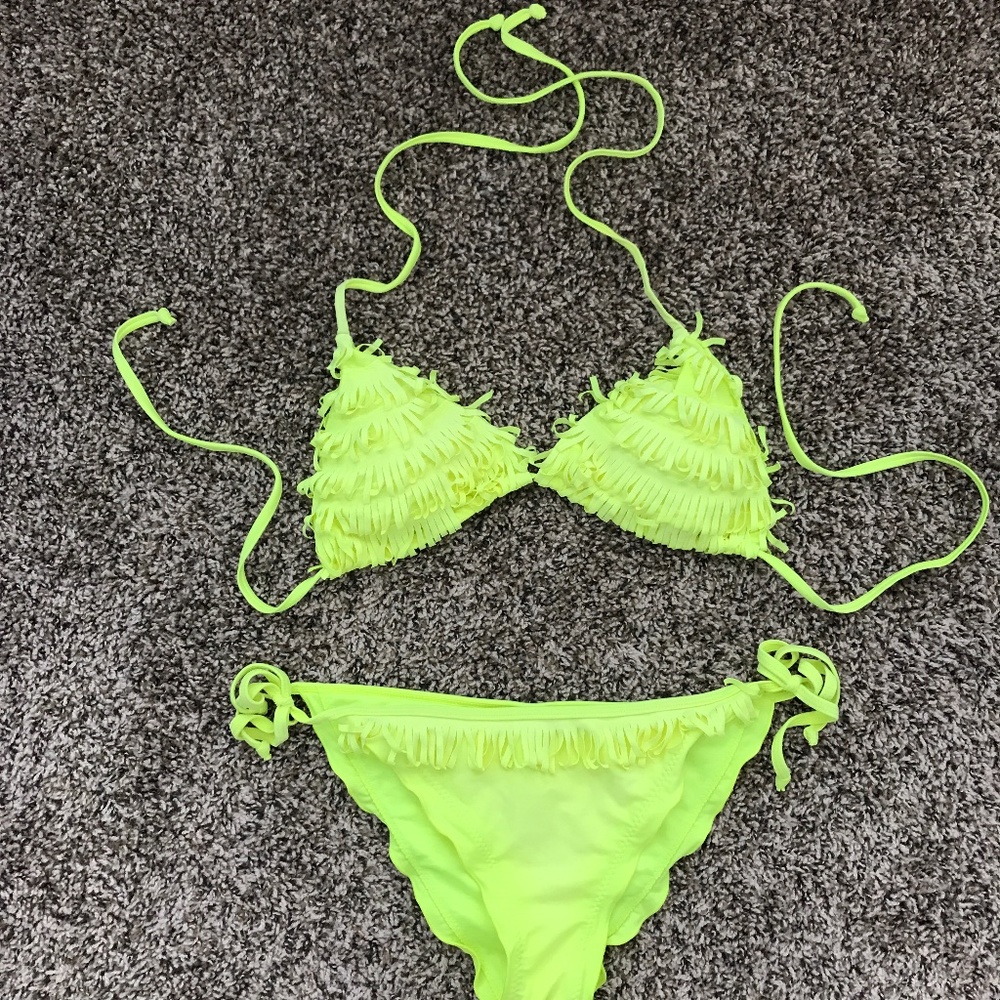 Neon yellow string bikini with fringe